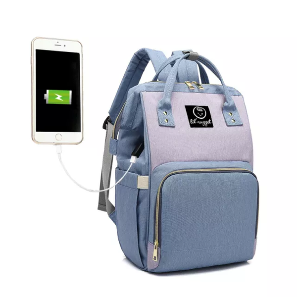 Diaper bag with charging port clearance